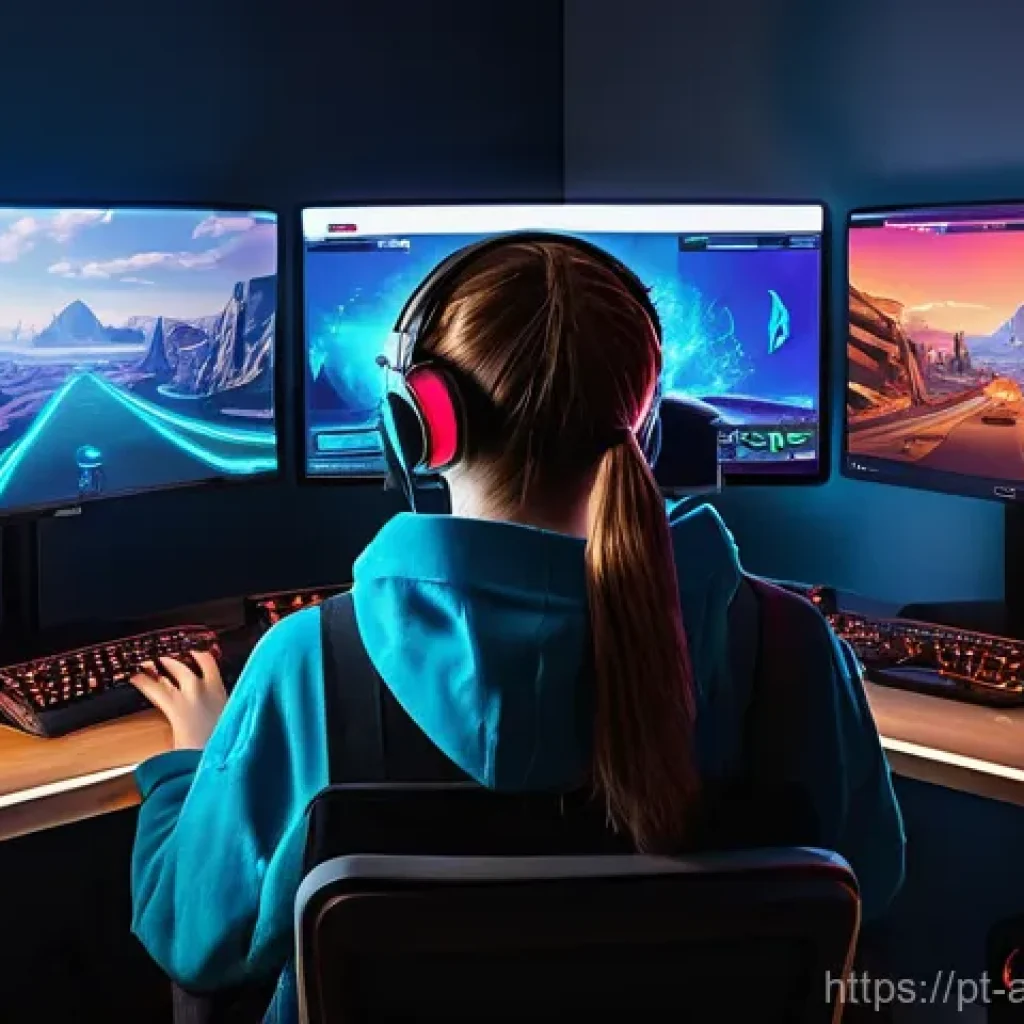 어몽어스 유튜브 콘텐츠 제작법 - A dynamic and authentic depiction of a female streamer playing "Among Us" at her gaming setup. She i...