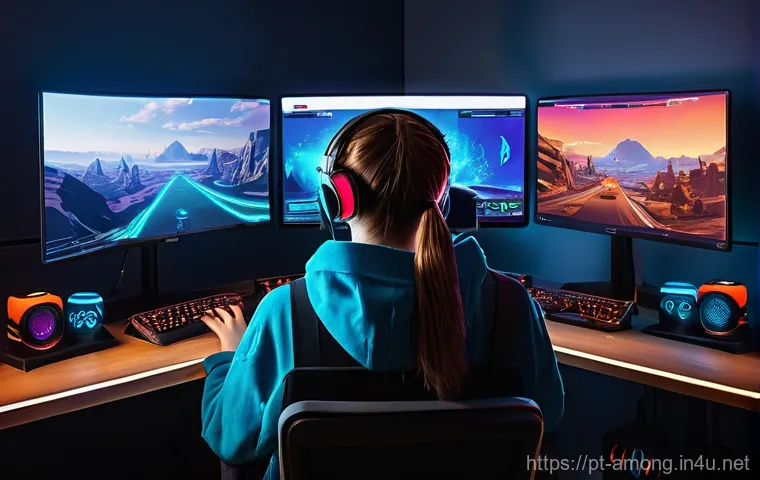 어몽어스 유튜브 콘텐츠 제작법 - A dynamic and authentic depiction of a female streamer playing "Among Us" at her gaming setup. She i...