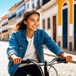 Home 16 스켈드 맵 특징 - A young adult, dressed in comfortable casual wear, riding a bicycle through a charming, sunlit stree...