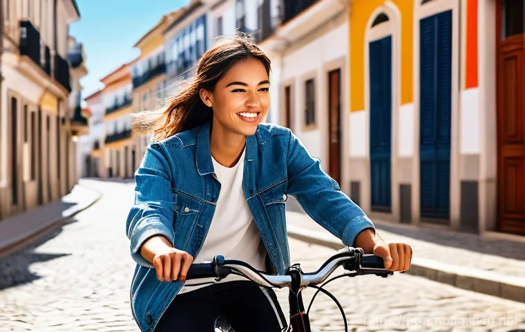 스켈드 맵 특징 - A young adult, dressed in comfortable casual wear, riding a bicycle through a charming, sunlit stree...