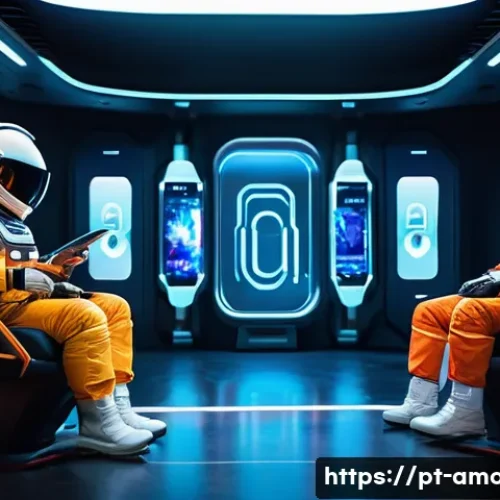 Home 26 어몽어스 2025년 전망 - A futuristic spaceship interior bustling with colorful crewmates from Among Us wearing stylish custo...