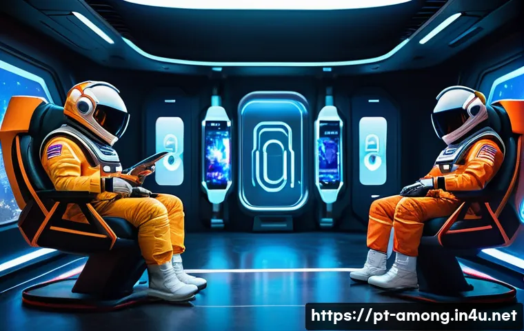 어몽어스 2025년 전망 - A futuristic spaceship interior bustling with colorful crewmates from Among Us wearing stylish custo...