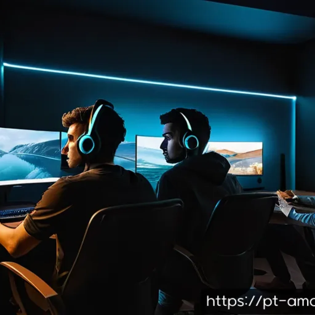 어몽어스와 심리학 - A tense virtual gaming scene showing diverse players in a modern, cozy room lit by ambient LED light...