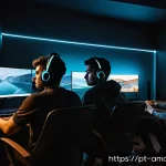 Home 19 어몽어스와 심리학 - A tense virtual gaming scene showing diverse players in a modern, cozy room lit by ambient LED light...