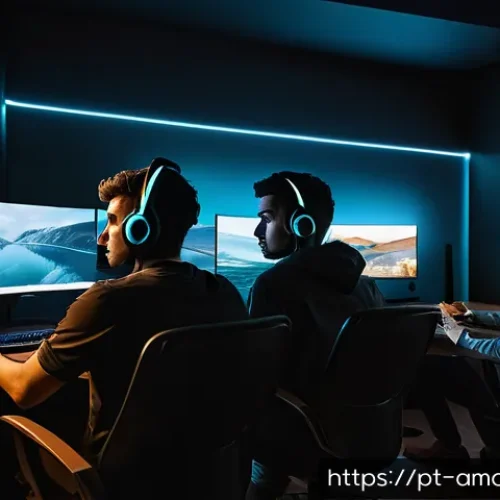 Home 13 어몽어스와 심리학 - A tense virtual gaming scene showing diverse players in a modern, cozy room lit by ambient LED light...