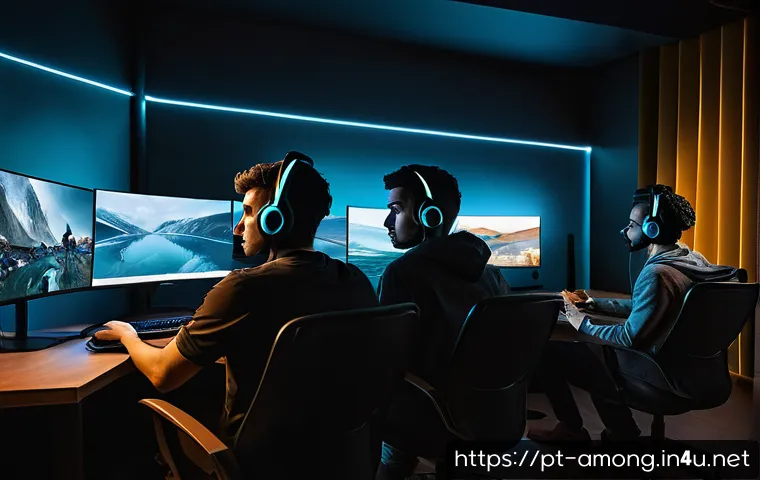 어몽어스와 심리학 - A tense virtual gaming scene showing diverse players in a modern, cozy room lit by ambient LED light...