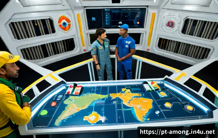 어몽어스 맵별 공략 - Photorealistic overhead view of a futuristic spaceship navigation table with a clean colorful map la...